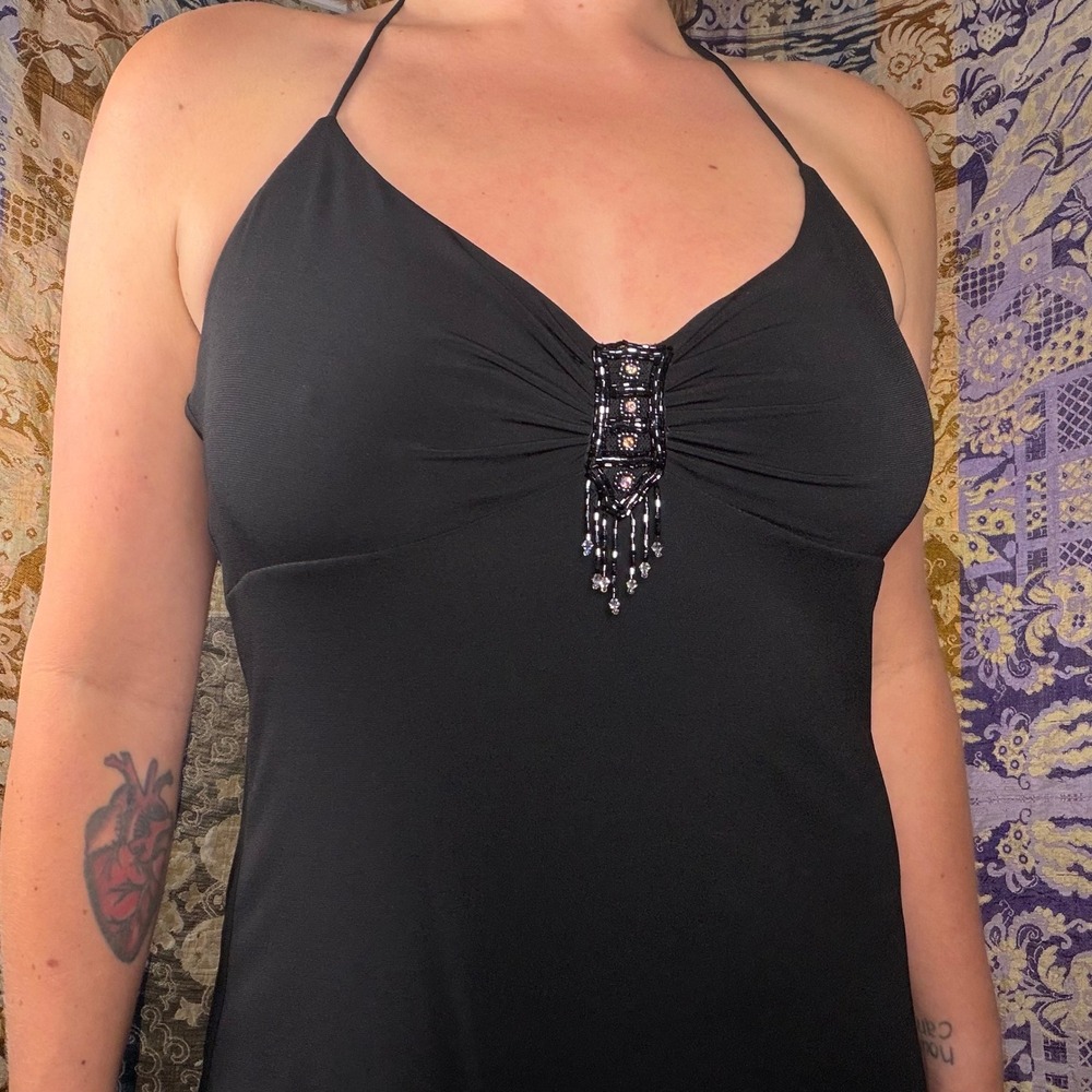 Early 2000's Black Beaded Asymmetric Pointed Hem Whimsy Boho Halter Dress Size L